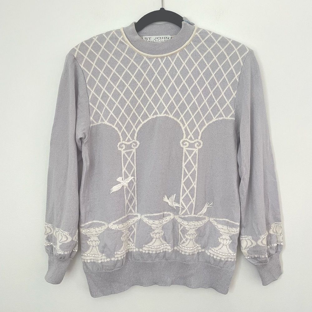 St.John Marie Grey Women Blue Grey Santana Knit Shoulder Zip Vintage Sweater S